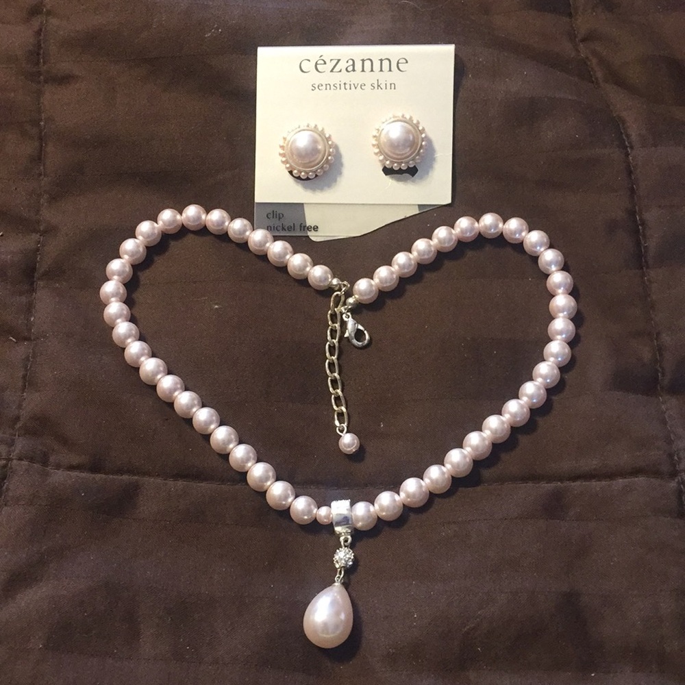 Cezanne new Pink pearl necklace clip earrings